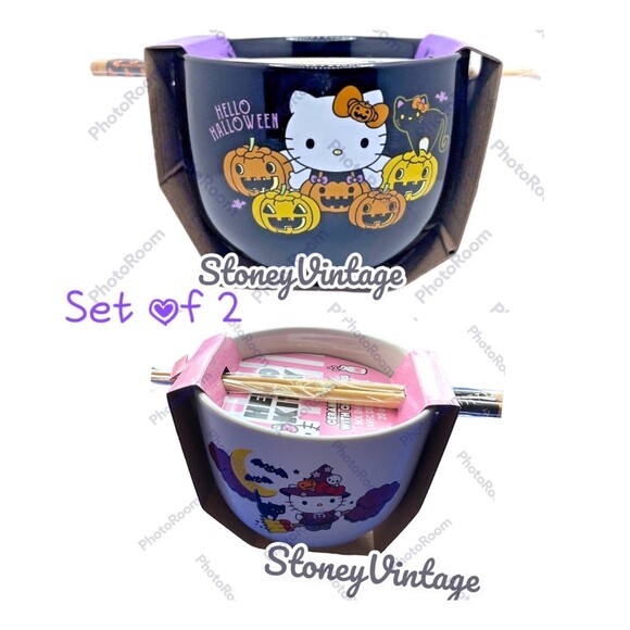 Hello Kitty Halloween Ceramic 20oz Bowl With Chopsticks Set of 2 Halloween Print - Picture 1 of 11
